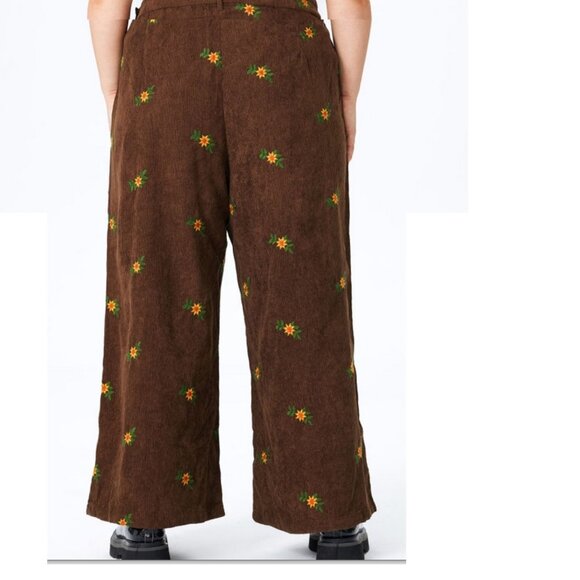 2X Plus Size Cider Brown Corduroy Floral Embroidered Bibs Hippie Boho - Picture 4 of 6